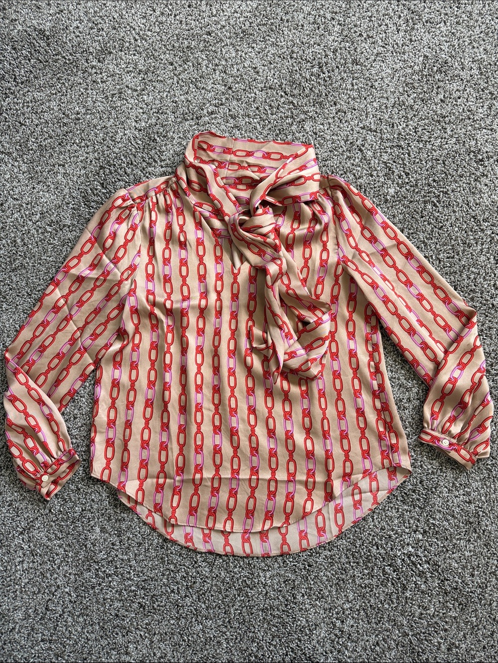 Ann Taylor Cream & Pink Chain-Print Tie-Neck Blouse